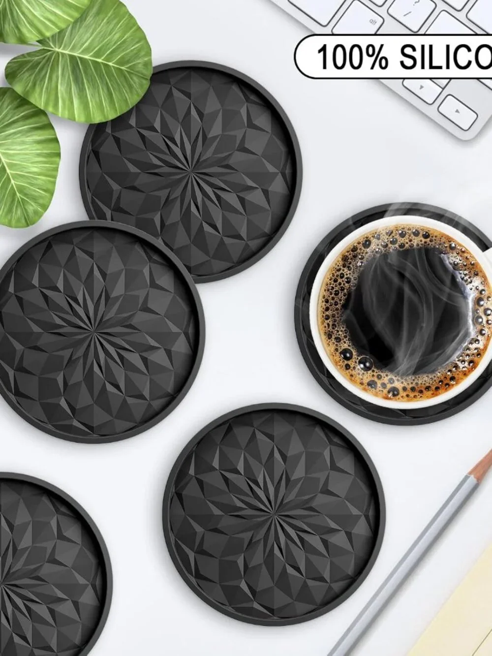 Silicone Coasters with Holder,[6 Pack] Drinking Coasters - Cup Mat for Hot or Co